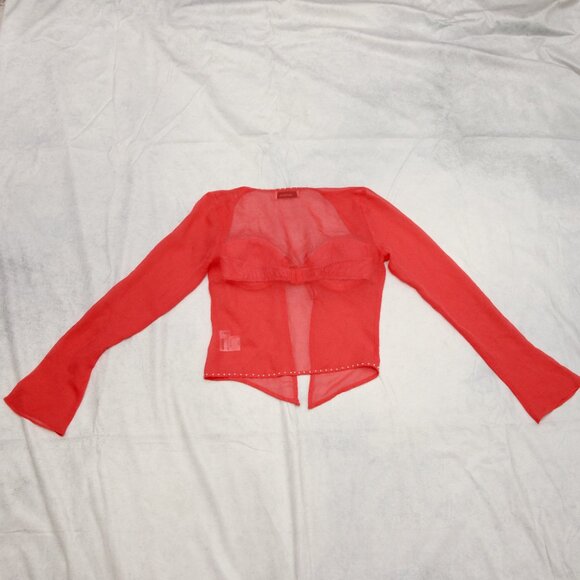 Danielle Guizio Long Sleeve Pearl Trim Top In Punch Silk Size XS - Picture 12 of 14